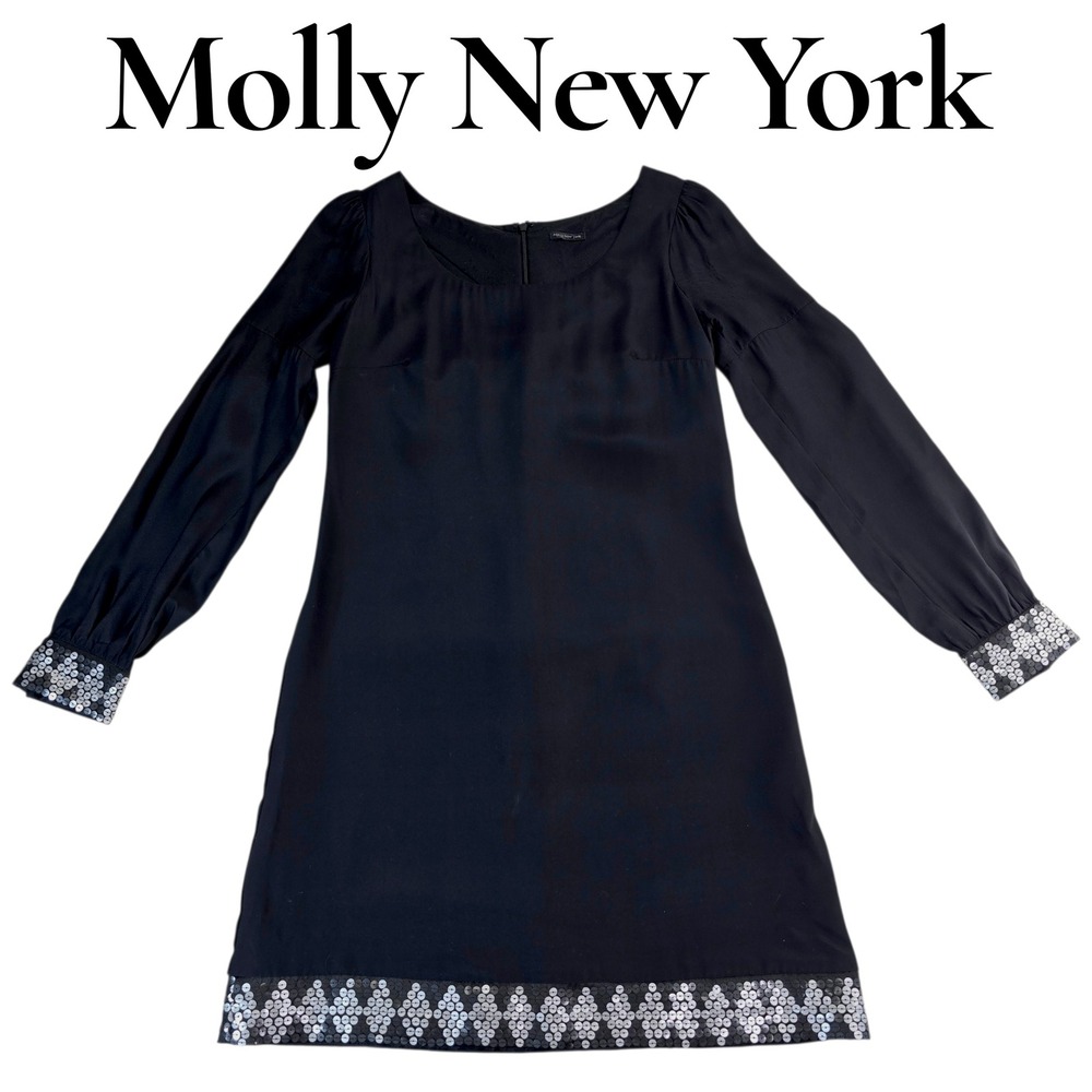 Molly New York Dress Womens 4 Black 100% Silk Sequin Trim Shift Mini Luxury LBD
